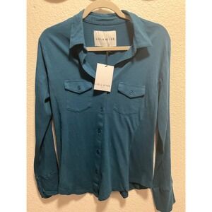Lola River NYC Womens Teal Blue Slub Knit Button Down Shirt Long Sleeve Size M